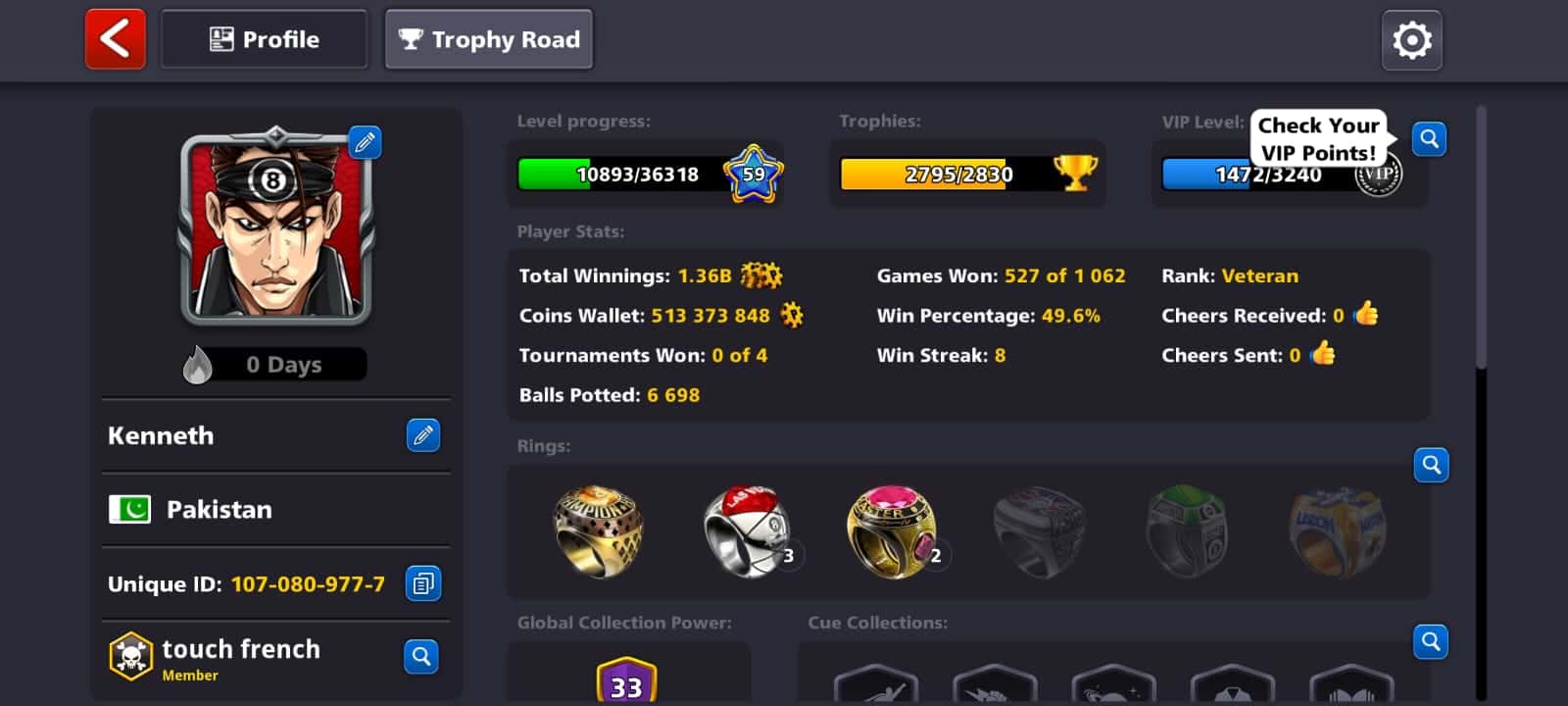 Veteran Lvl 118 513M 8-Win Streak