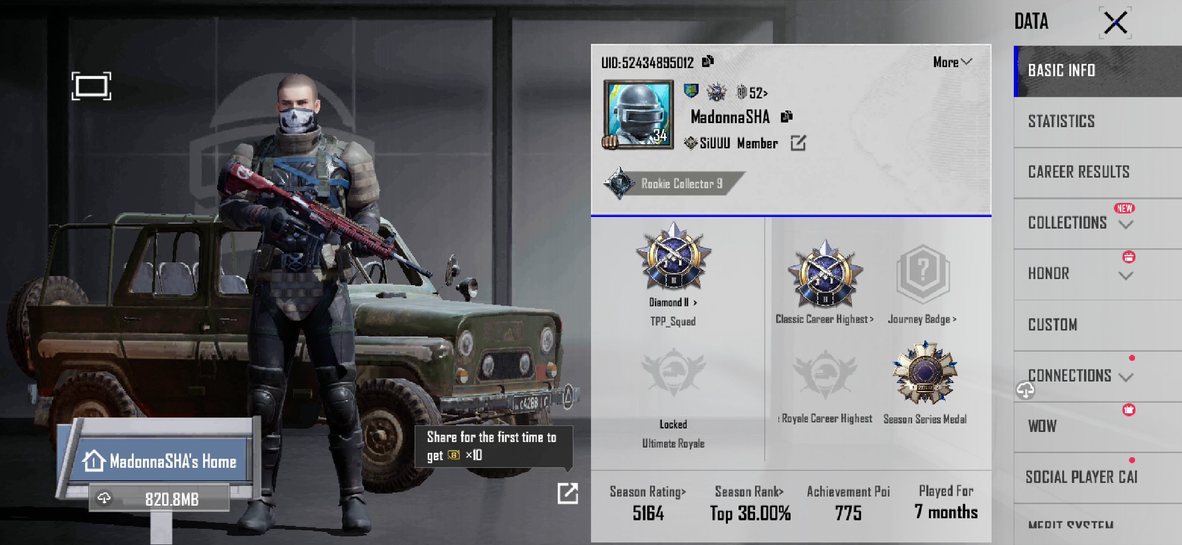 PUBG Mobile Account | Level 52  | Diamond II | 7 Months Old