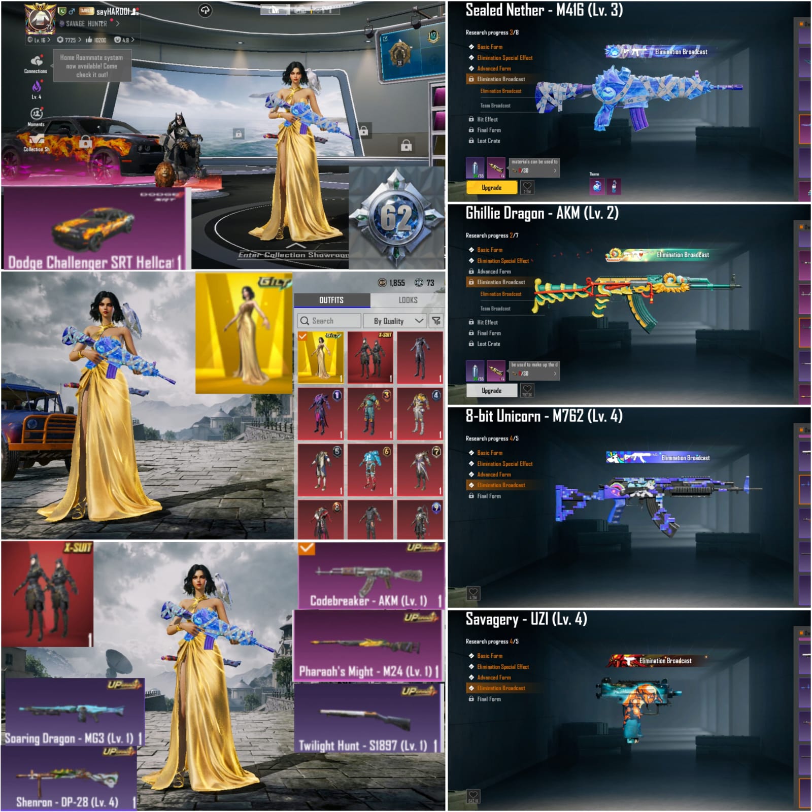 LVL 62 COLLECTION 🔥 ANUKHRA X-SUIT + YELLOW ULTIMATE ⭐ 26X LAB GUNS (M762 + UZI + DP28 KILL MSG) 🏎️ DODGE CHALLENGER